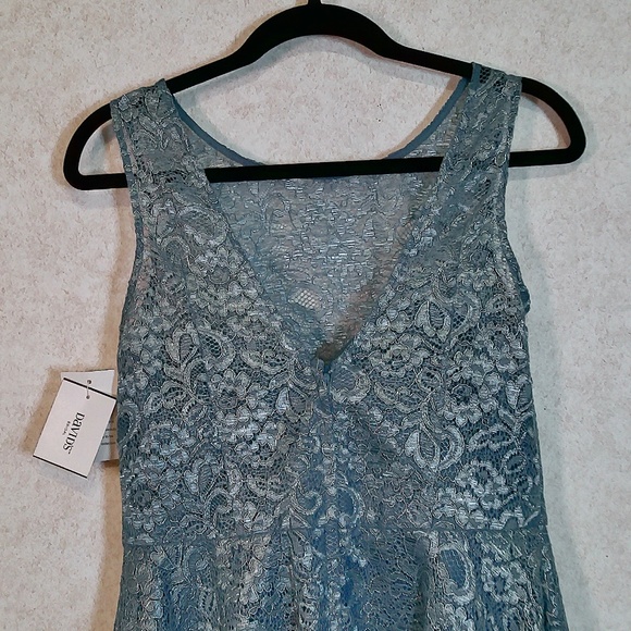 NWT David’s Bridal Steel Blue Short Lace Dress High Neck,V-Back, Lined Size 8 - Picture 7 of 16